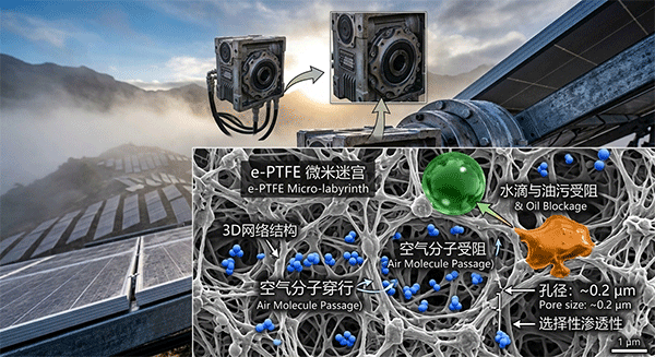 光伏减速机透气塞, e-PTFE防水透气膜, 泵吸效应失效分析, 减速机润滑油泄漏, SST工业透气阀