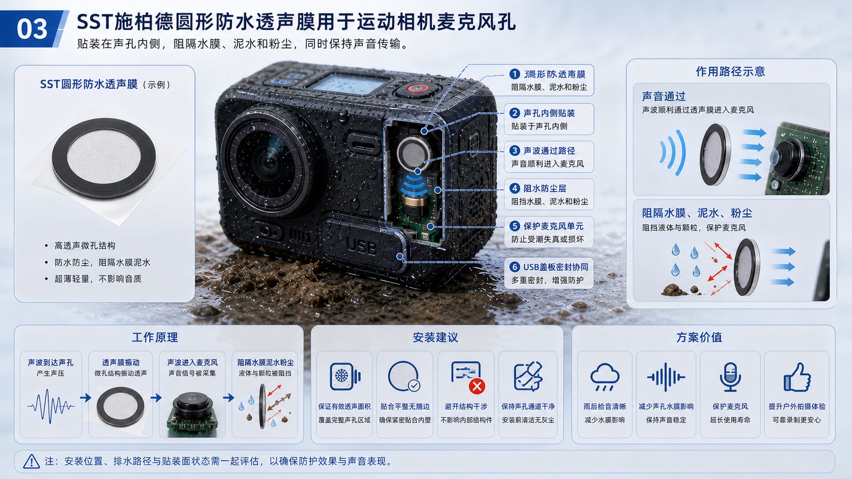 SST施柏德防水透声膜用于运动相机麦克风孔内侧贴装方案