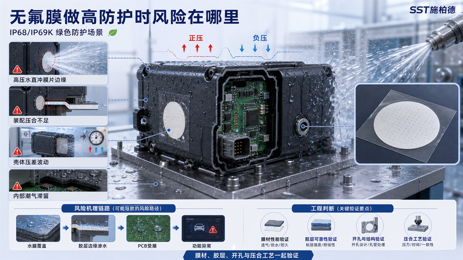 无氟防水透气膜在IP68/IP69K高防护场景下的高压水、压差和内部潮气风险图