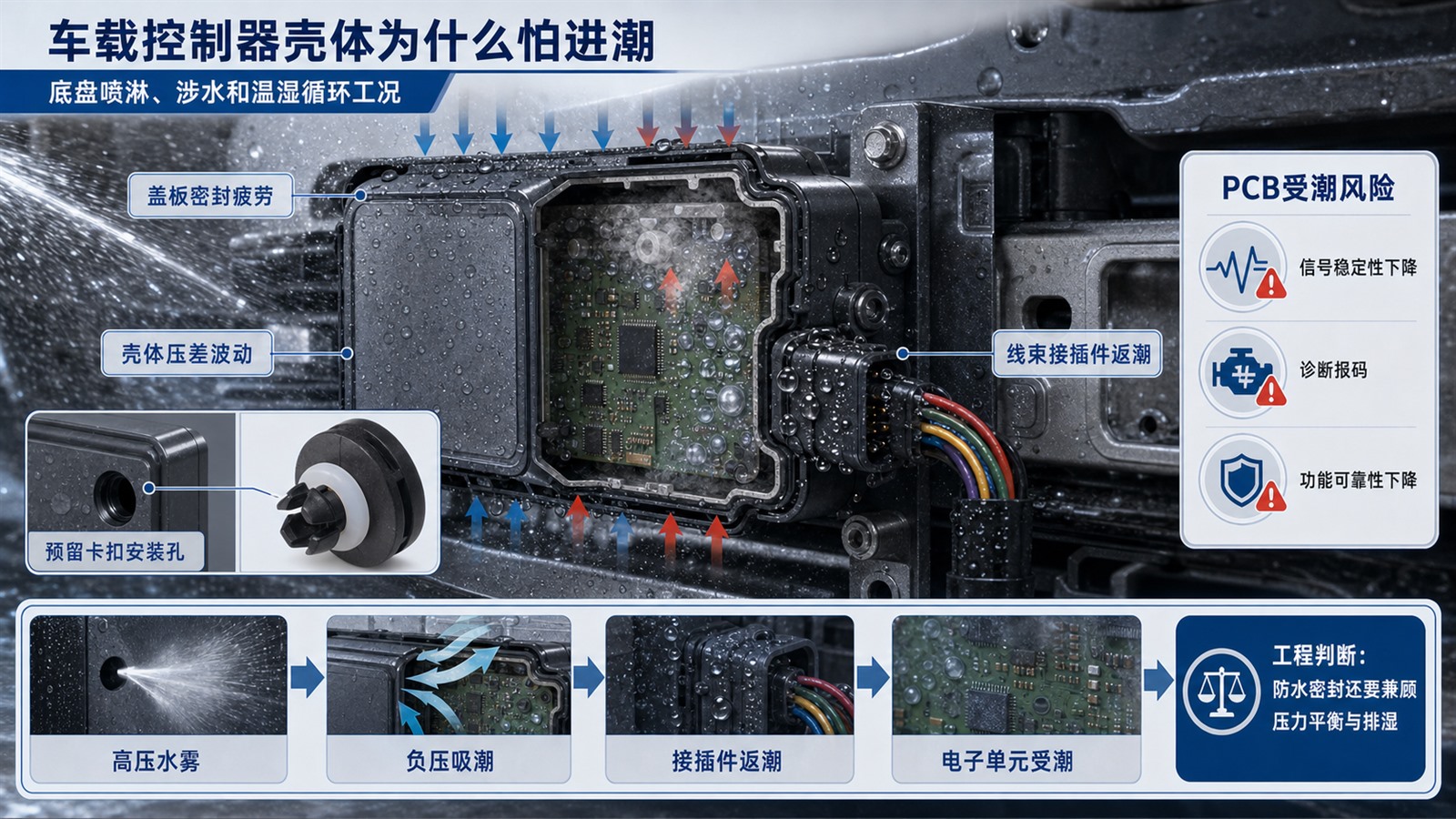 车载线控转向控制器壳体在底盘喷淋和温湿循环下的进潮风险示意