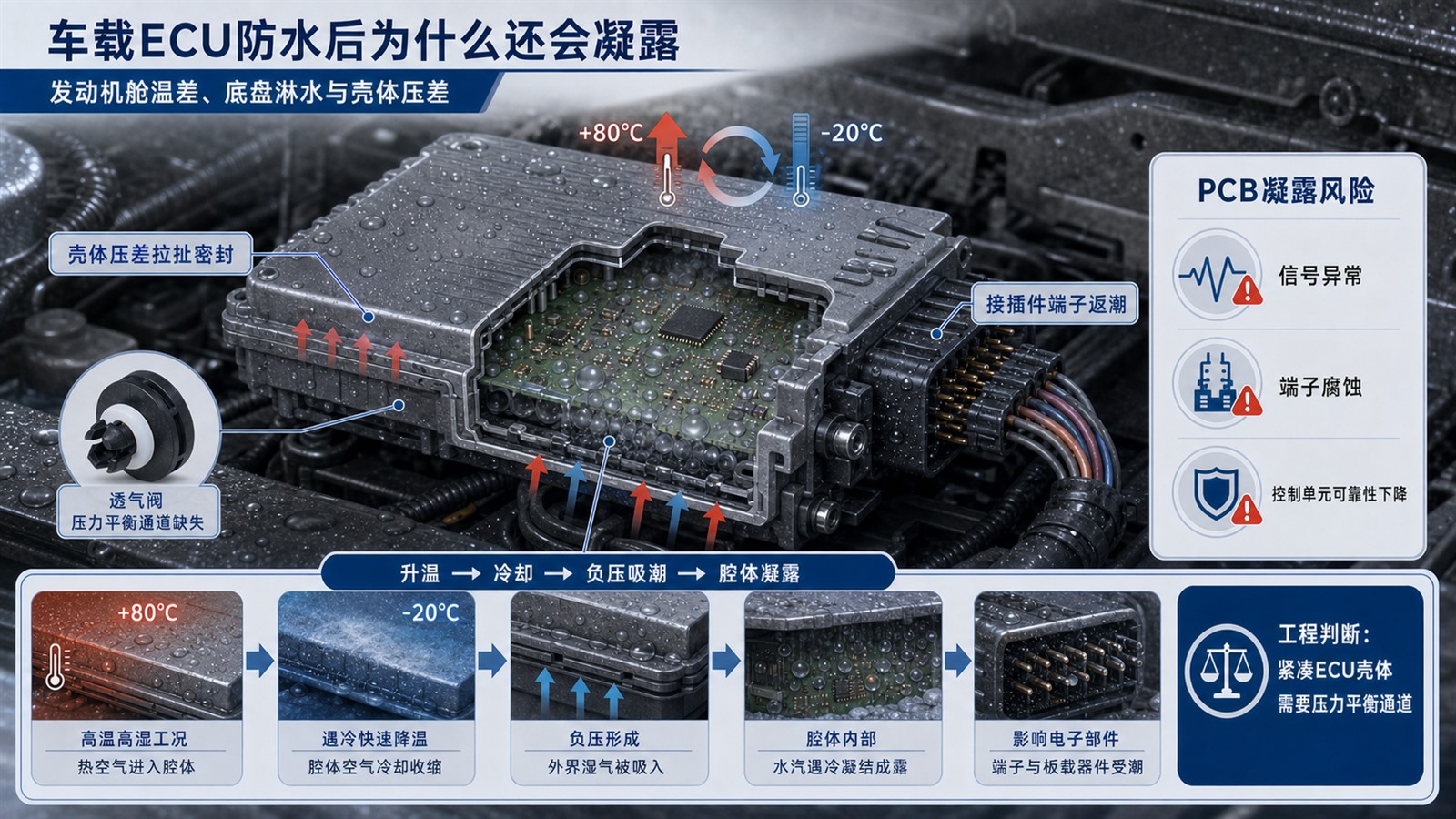 车载ECU紧凑控制器壳体在温差淋水下的凝露和压差风险示意