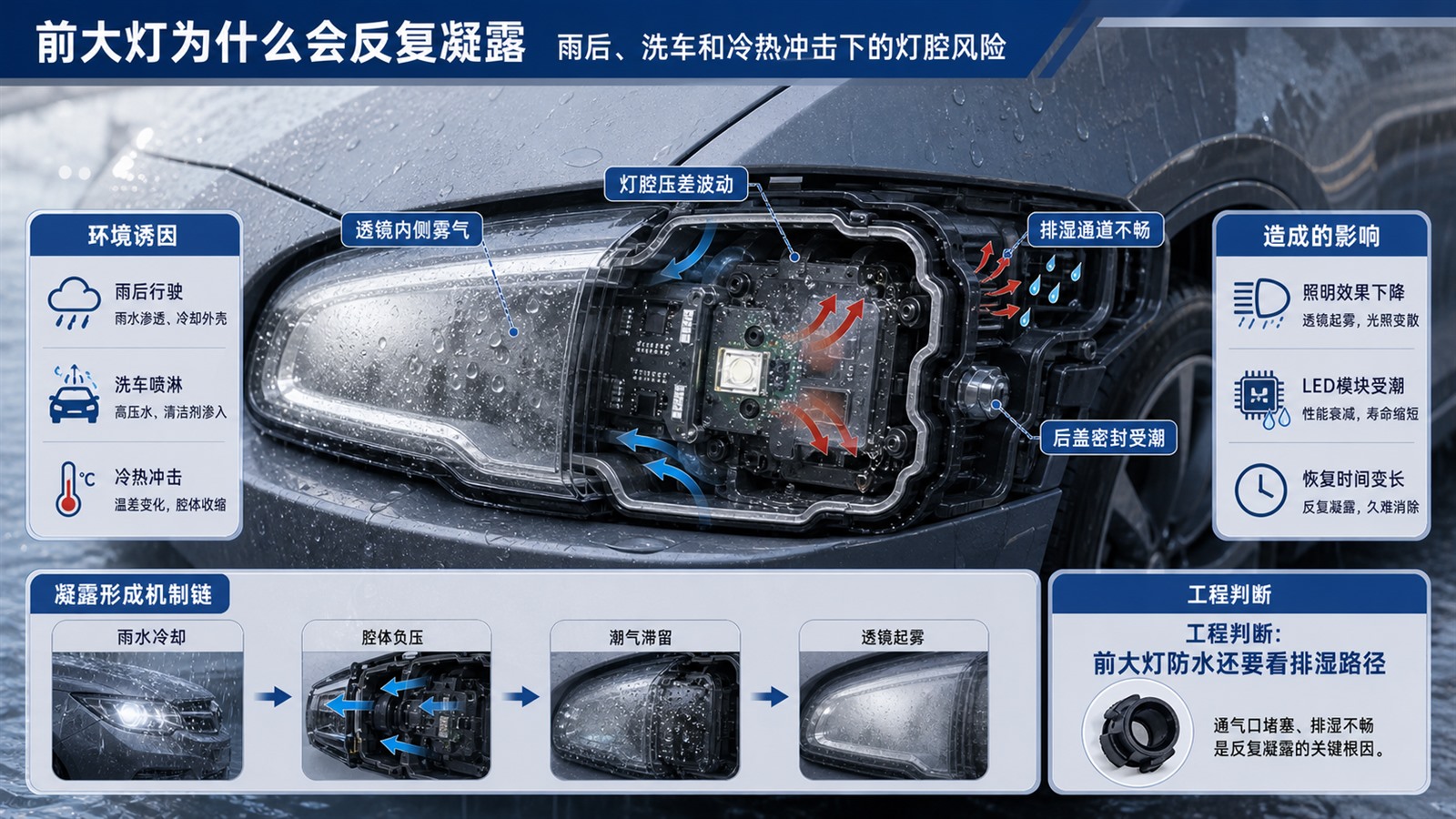 汽车前大灯雨后洗车和冷热冲击下的灯腔凝露风险示意