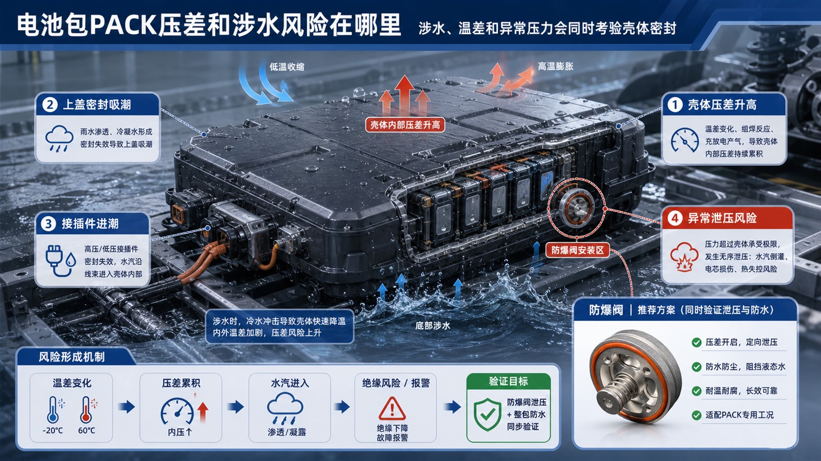 电池包PACK涉水温差和壳体压差升高风险示意