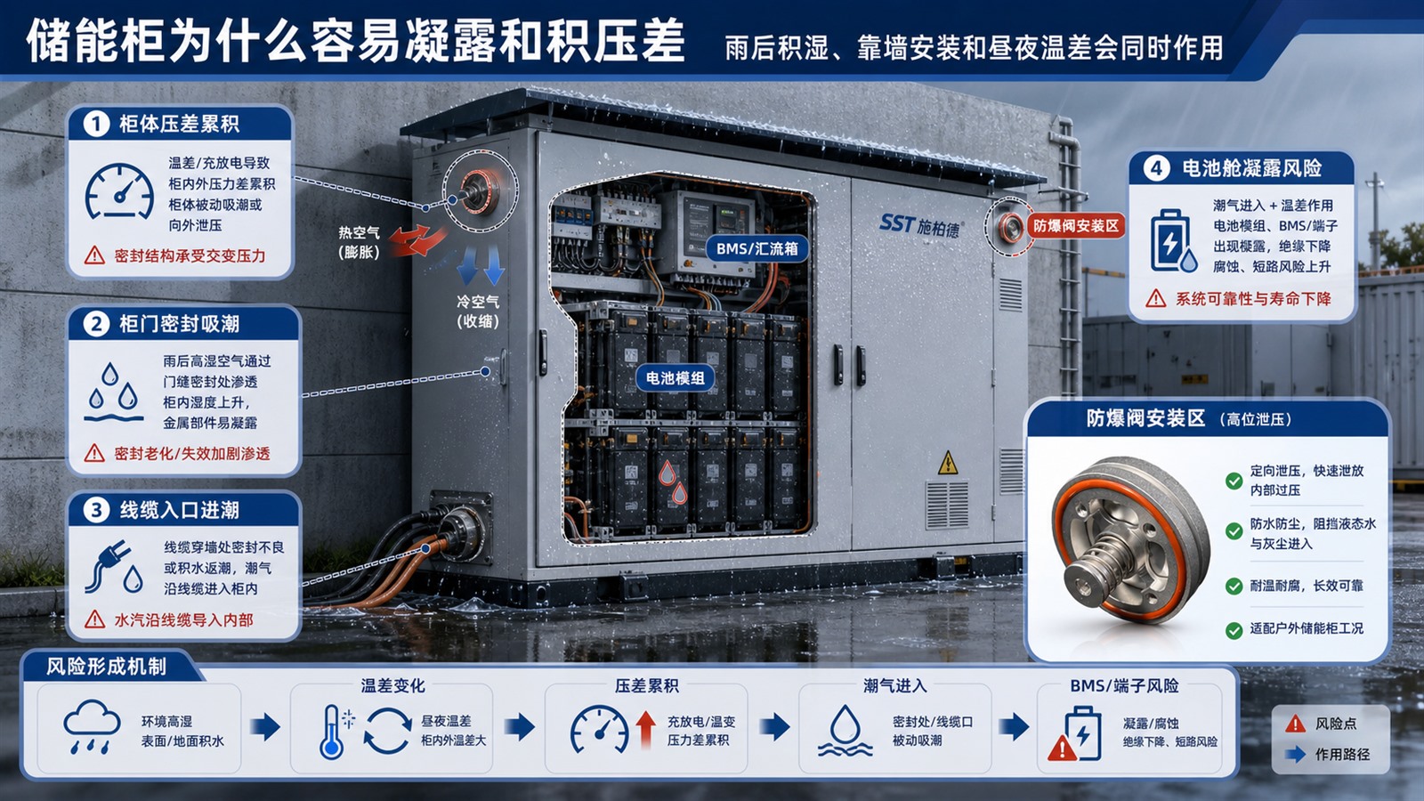 户外储能柜雨后积湿昼夜温差和柜体压差风险示意