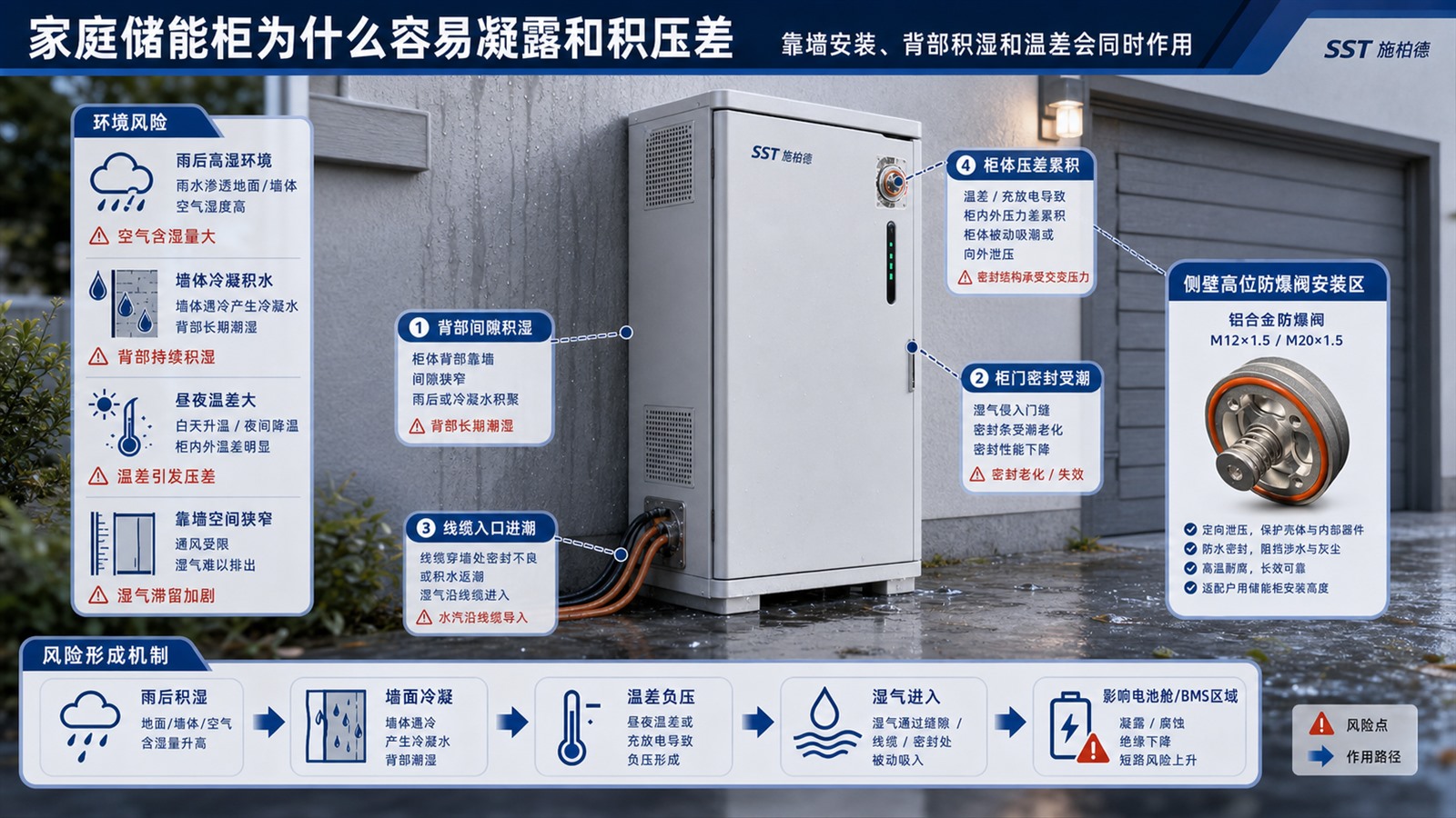 家庭储能柜靠墙安装背部积湿和柜体压差风险示意