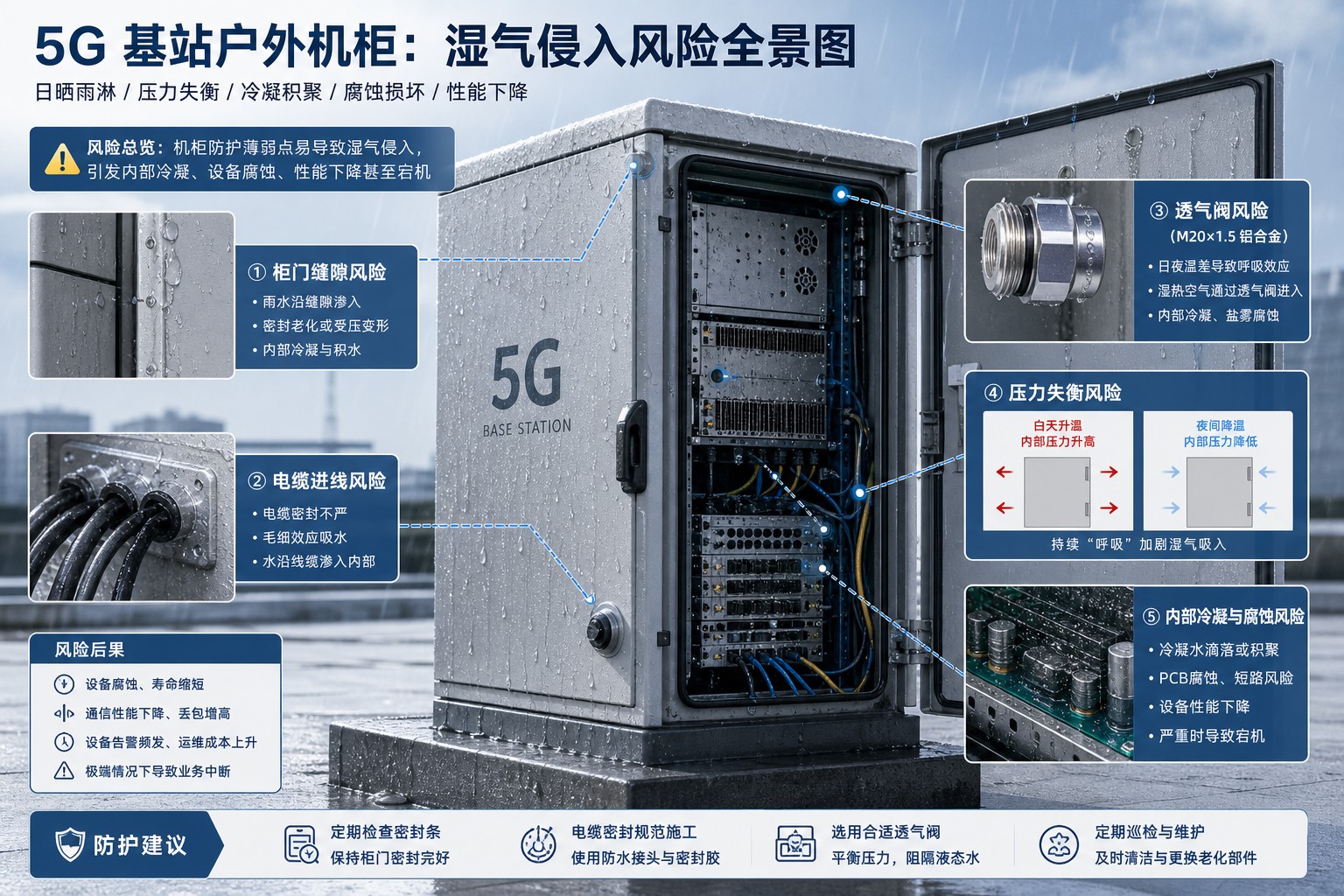 5G基站户外机柜湿气侵入和凝露风险示意