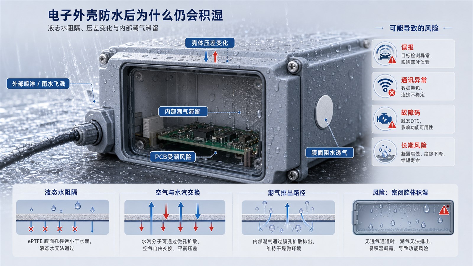 电子外壳防水后内部潮气滞留、壳体压差和PCB受潮风险示意