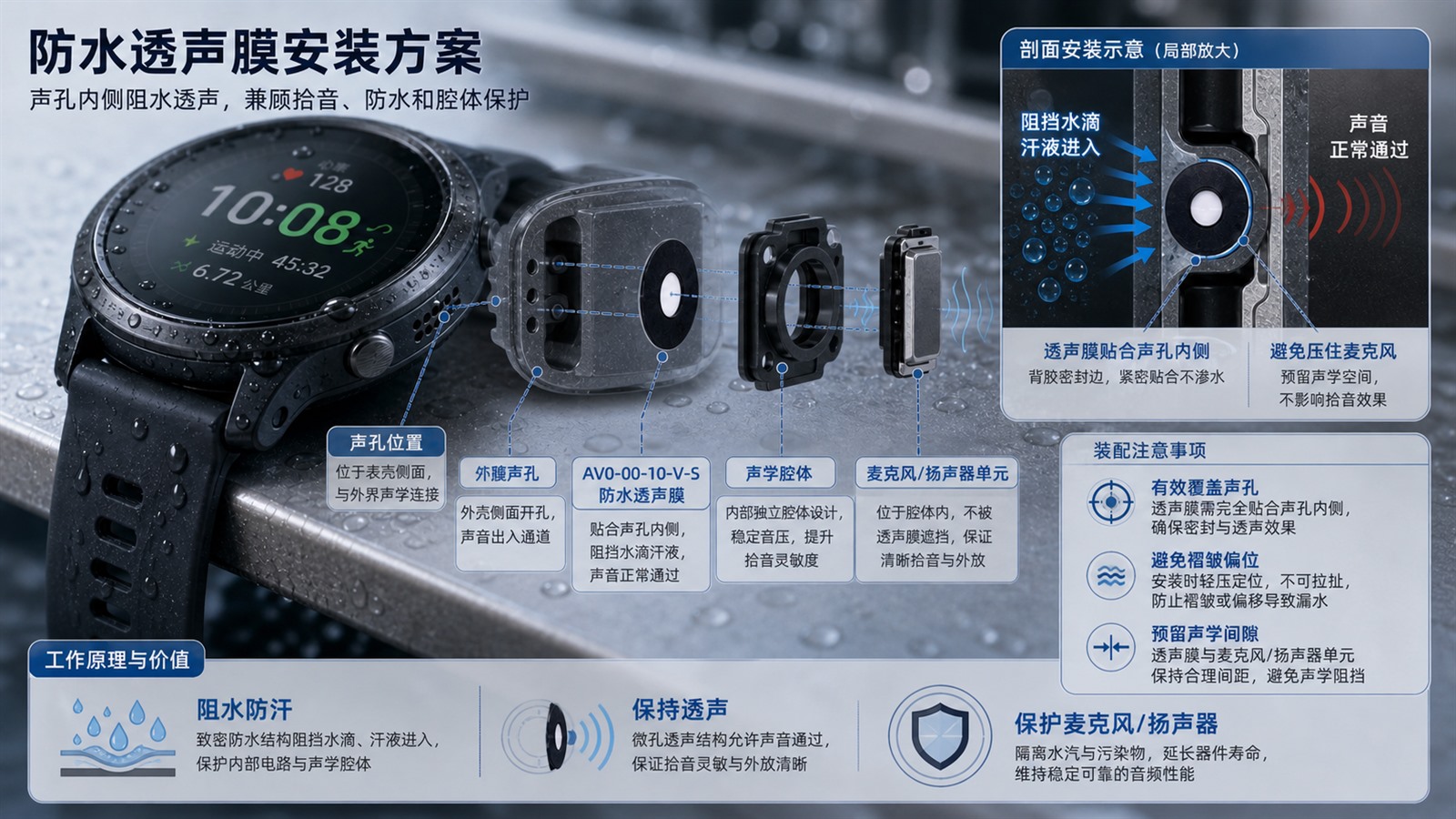 SST施柏德AV0-00-10-V-S防水透声膜用于智能手表声孔内侧安装方案