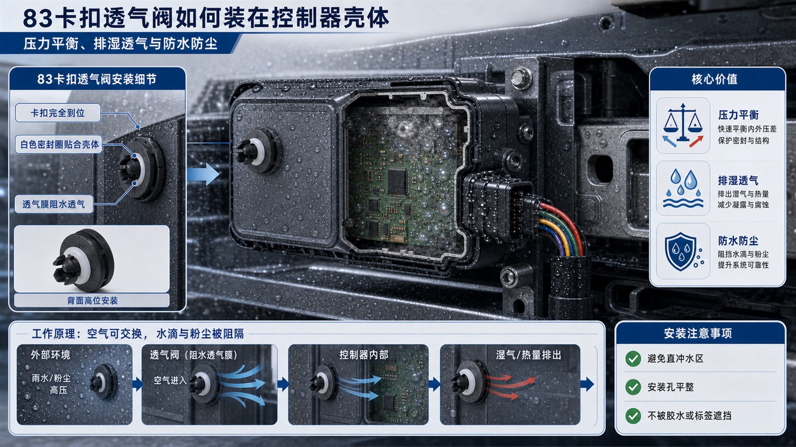 SST施柏德83卡扣型防水透气阀安装在控制器壳体上的压力平衡和排湿方案图
