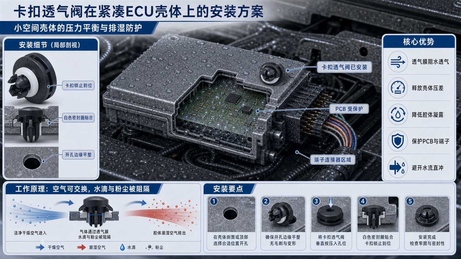 SST施柏德83卡扣型防水透气阀用于紧凑ECU壳体的安装和压力平衡方案图