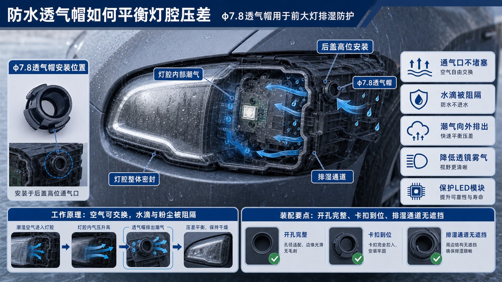 SST施柏德φ7.8防水透气帽用于汽车前大灯后盖高位排湿方案图