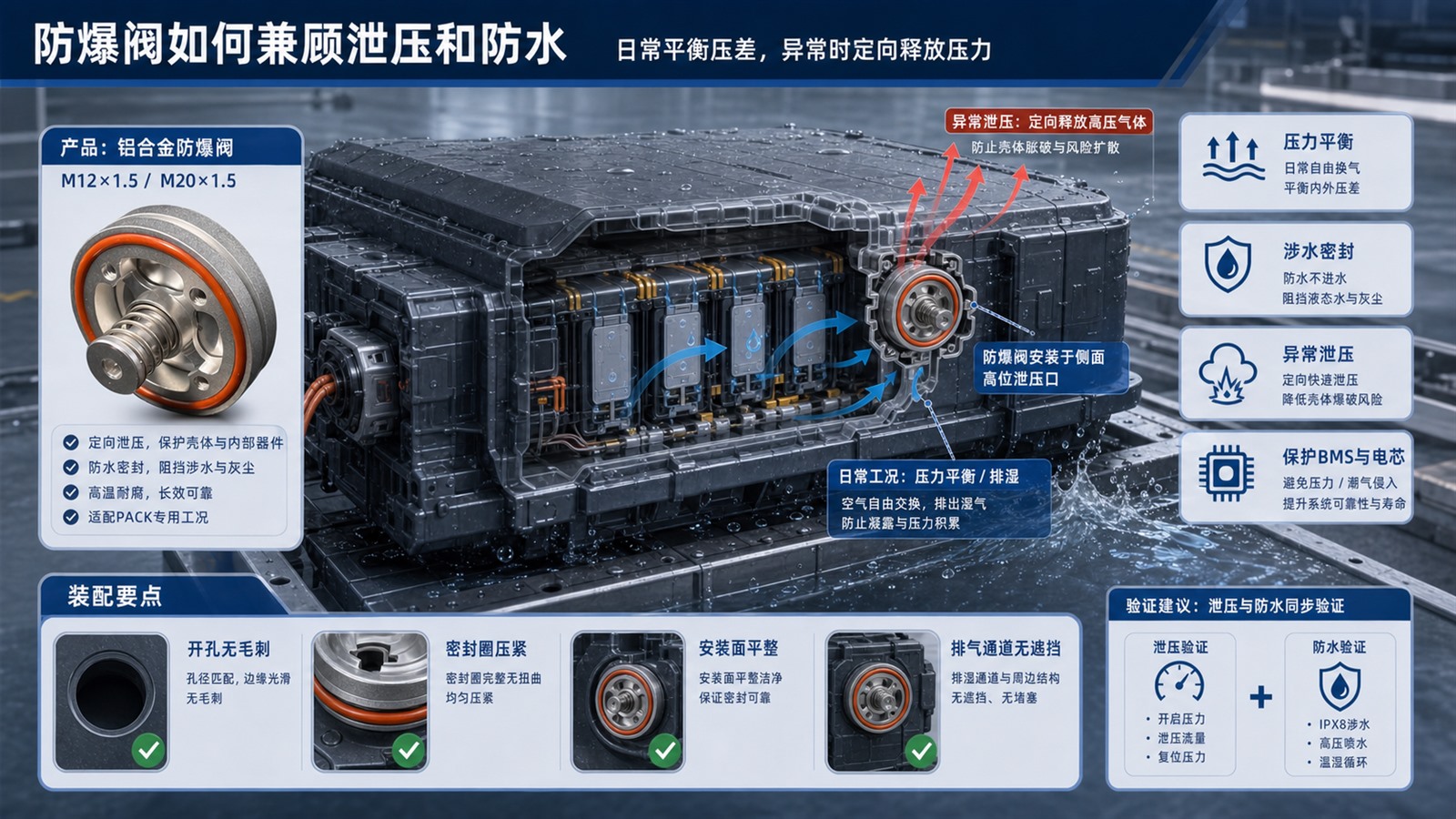 SST施柏德铝合金防爆阀用于电池包PACK壳体泄压防水方案图