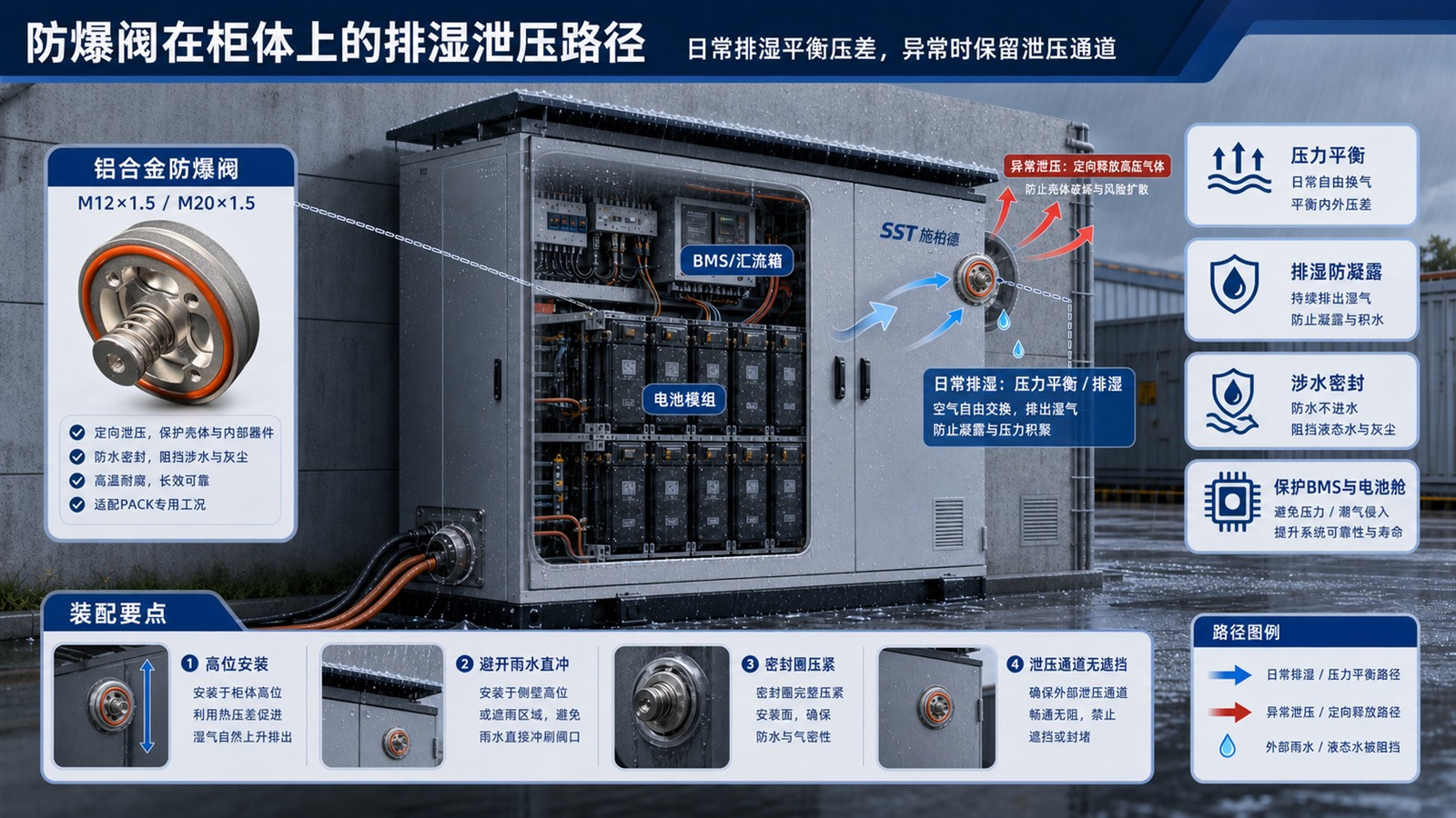 SST施柏德铝合金防爆阀用于户外储能柜排湿泄压路径方案图