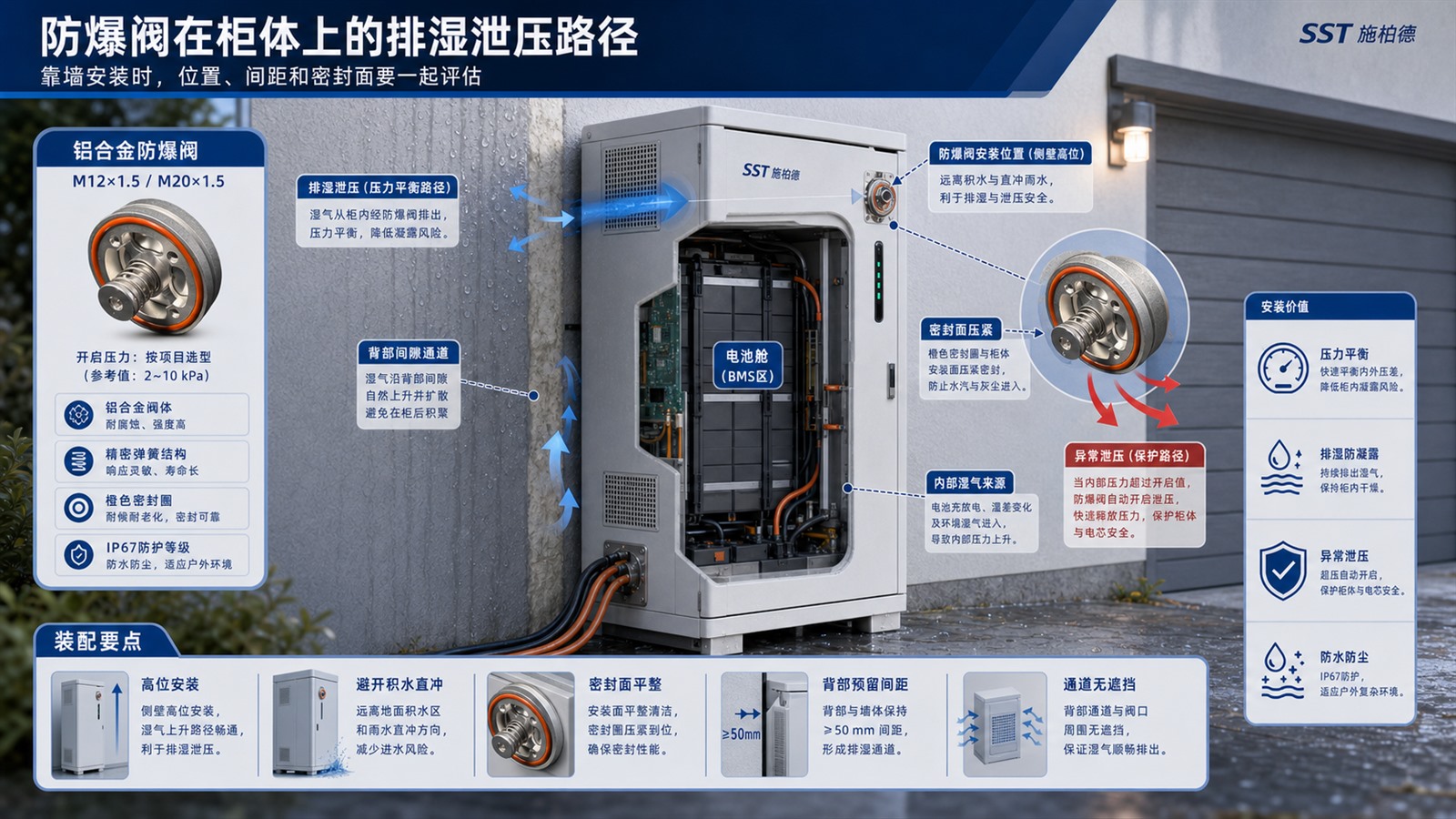 SST施柏德铝合金防爆阀用于家庭储能柜排湿泄压路径方案图