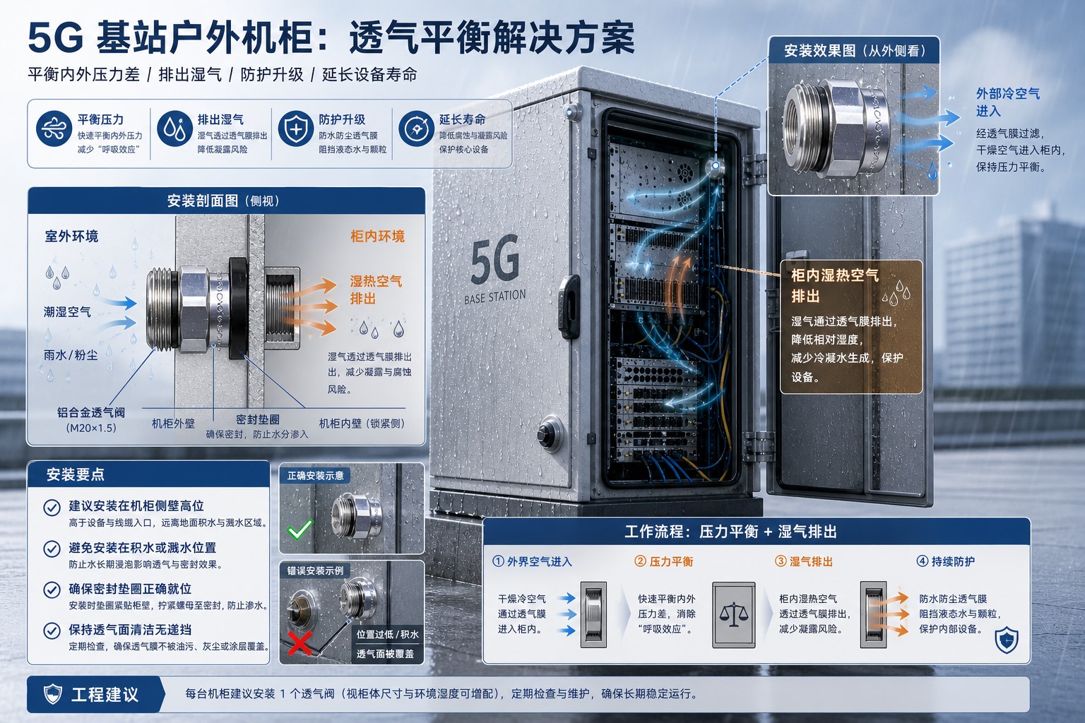 SST施柏德M20×1.5铝合金金属螺纹透气阀用于5G基站机柜排湿压差方案图