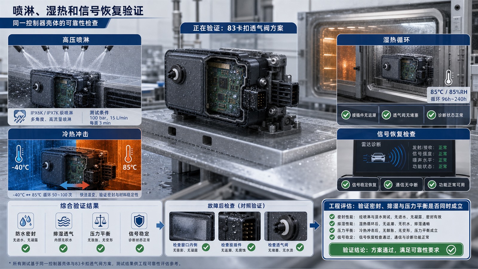 线控转向控制器83卡扣透气阀喷淋湿热冷热循环和信号恢复验证图