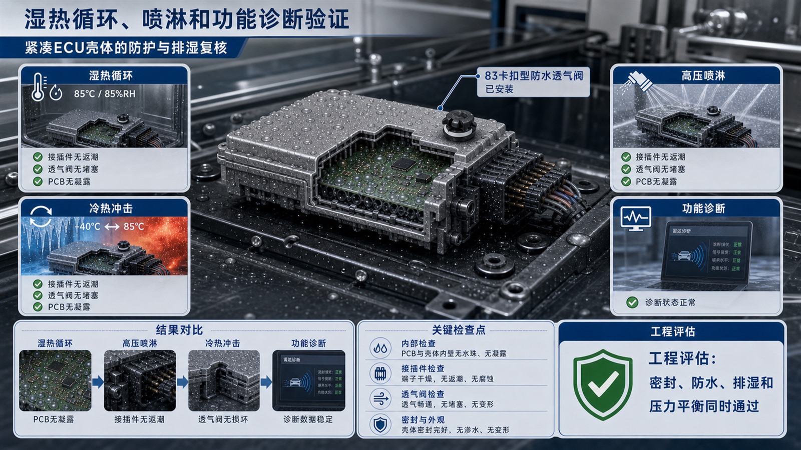 车载ECU卡扣透气阀湿热循环喷淋冷热冲击和功能诊断验证图
