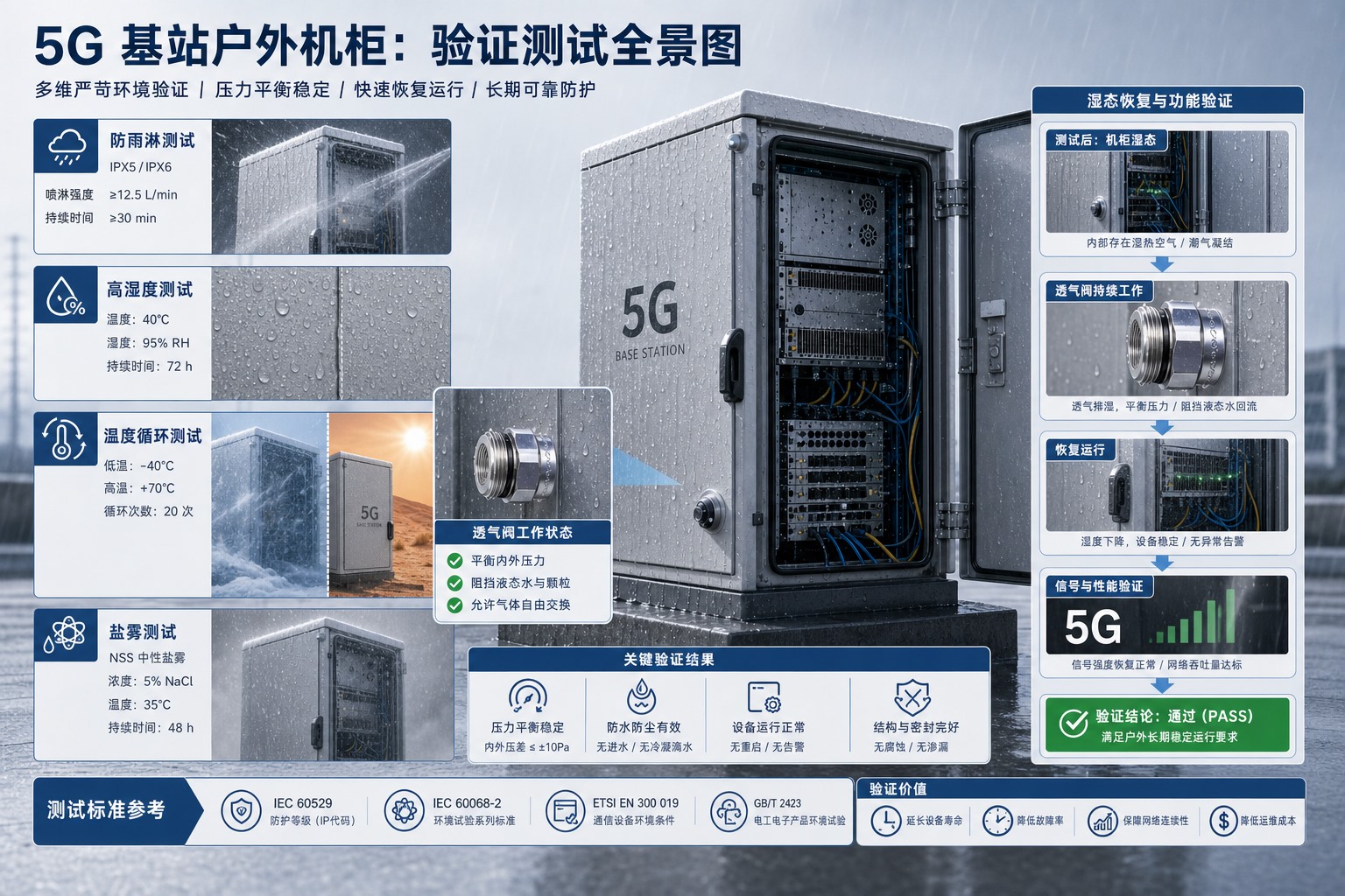 5G基站户外机柜雨淋盐雾温湿循环验证图