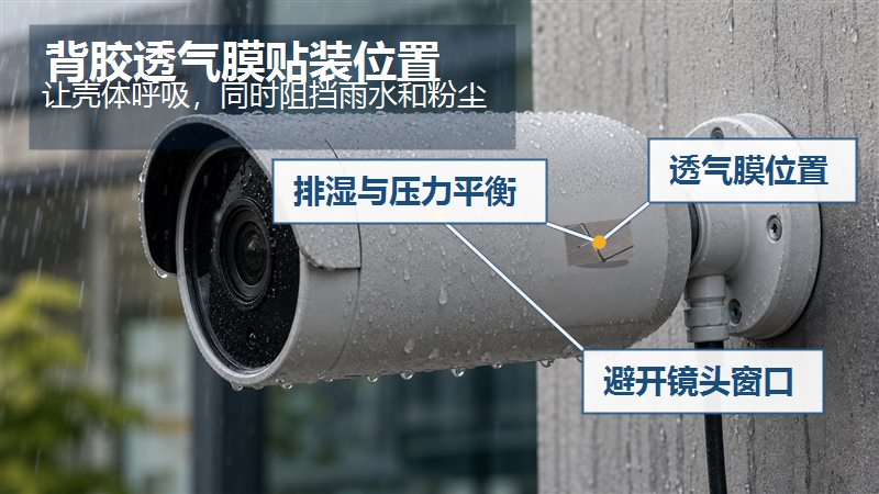 SST施柏德黑色背胶透气膜用于户外监控摄像头喷淋、防尘和冷热冲击验证