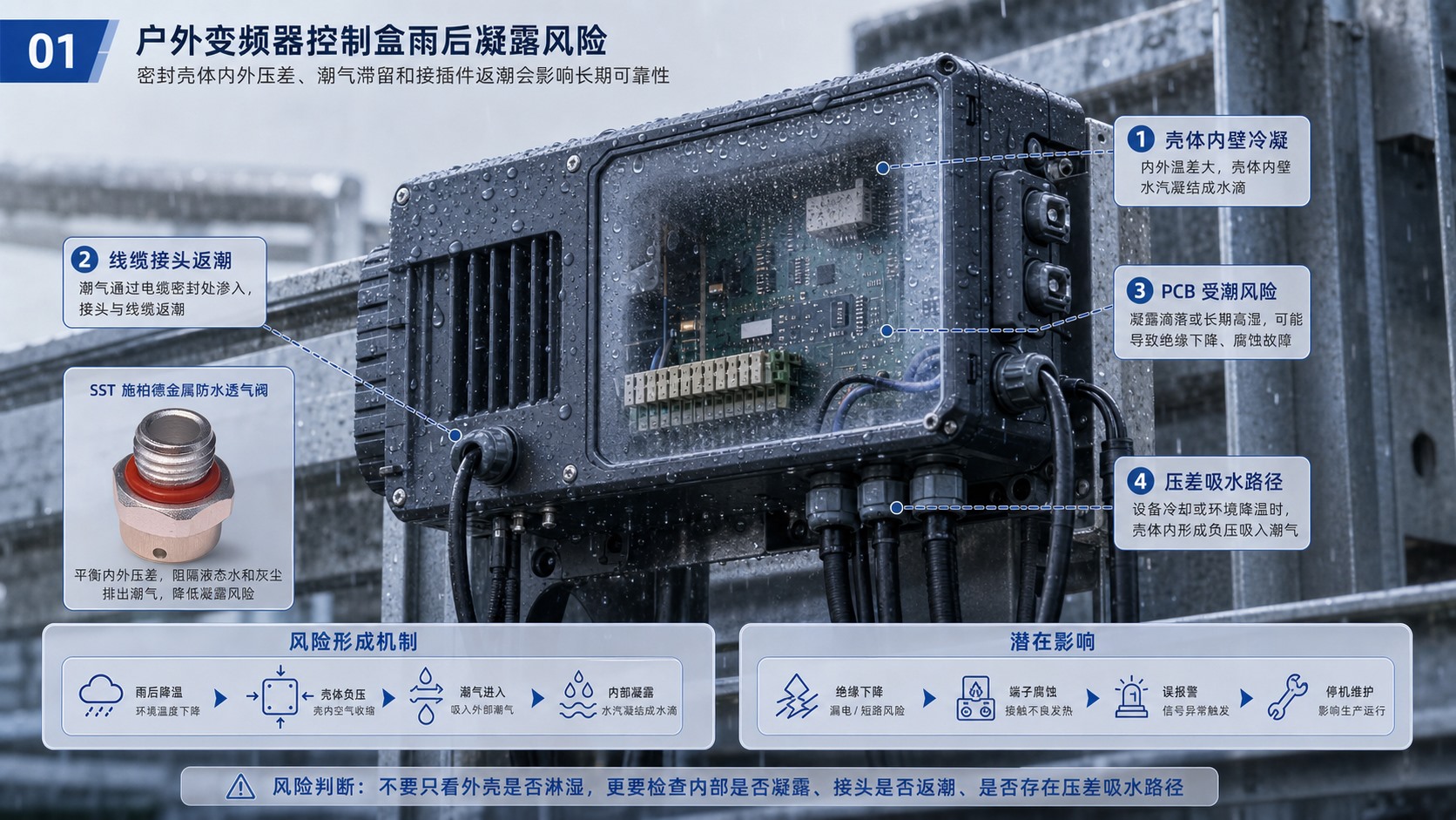户外变频器控制盒雨后压差、线缆口进潮和PCB凝露风险示意