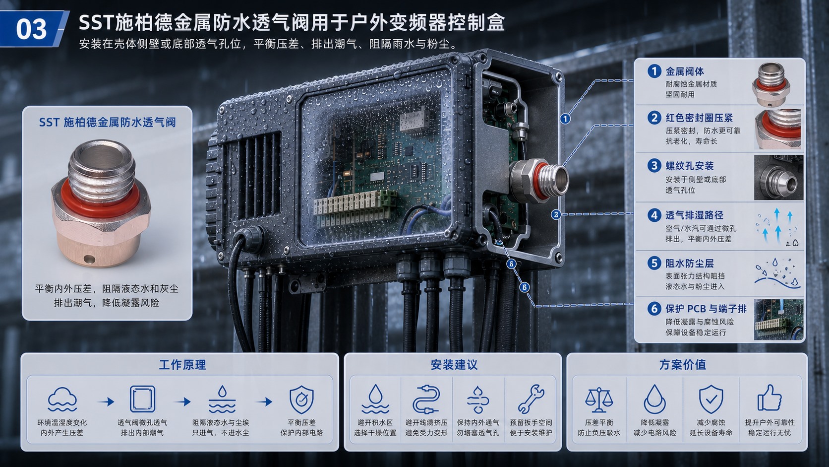 SST施柏德金属螺纹防水透气阀用于户外变频器控制盒排湿和压力平衡方案