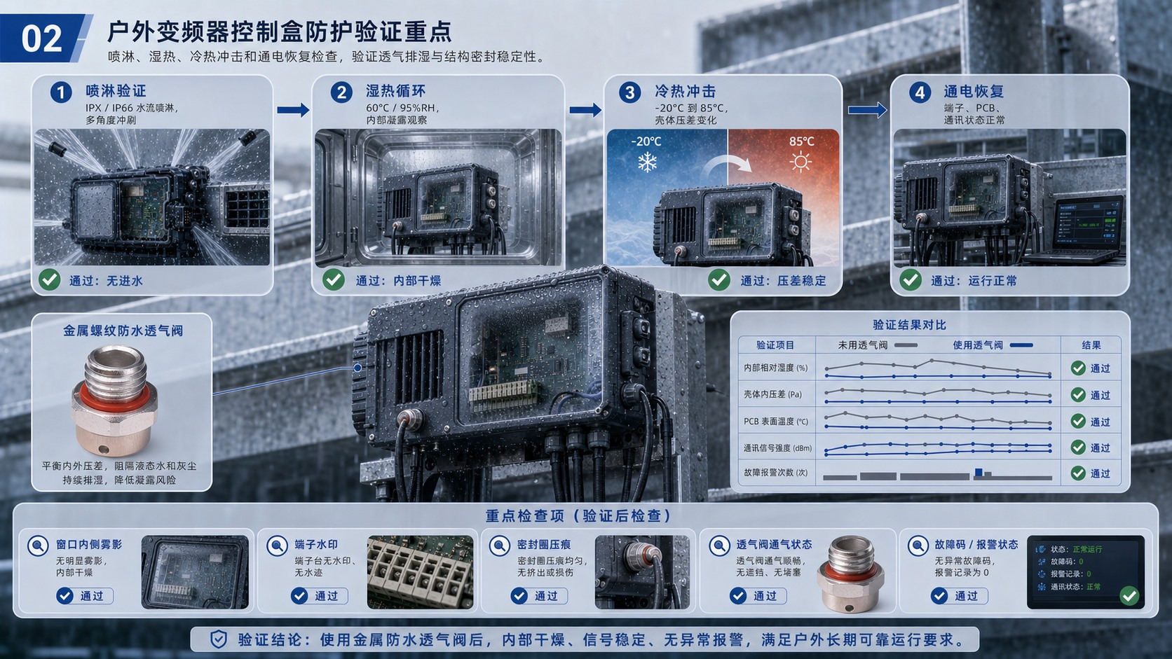 户外变频器控制盒喷淋湿热冷热循环与绝缘稳定性验证重点图