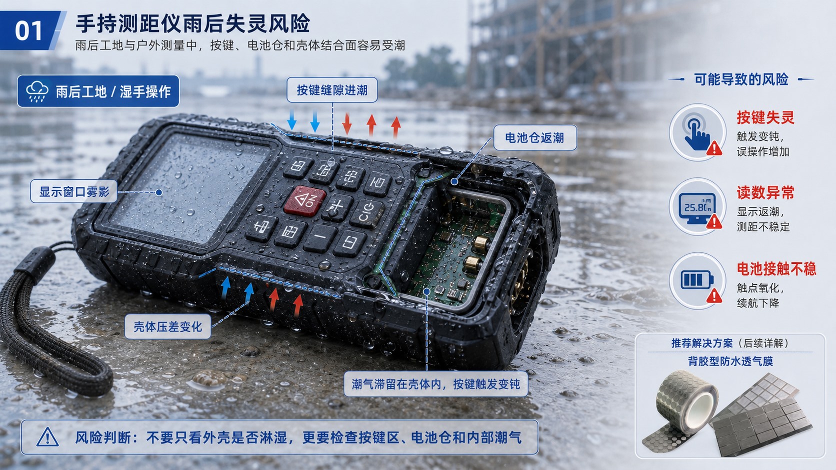 手持测距仪雨后按键缝隙进潮、电池仓返潮和显示雾影风险示意