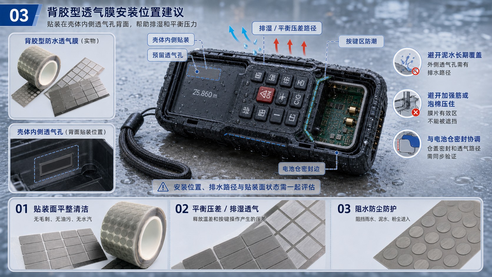 SST施柏德背胶型防水透气膜用于手持测距仪壳体内侧透气孔贴装方案