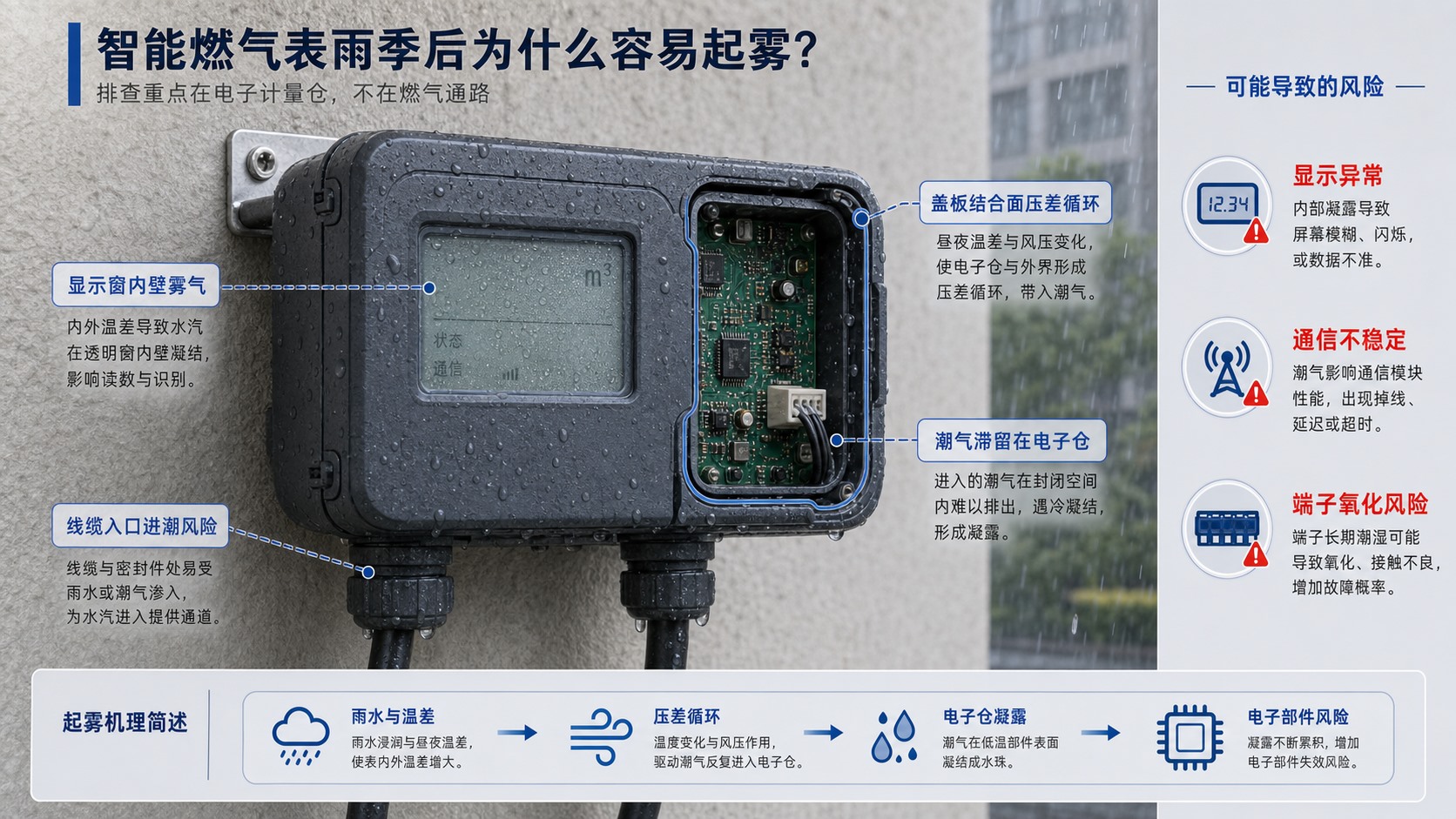 智能燃气表电子仓雨后凝露与线缆入口进潮风险示意