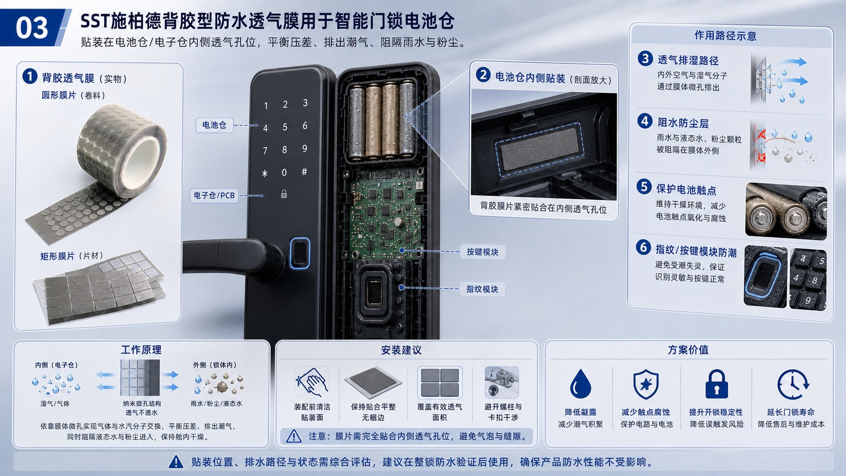 SST施柏德背胶型防水透气膜用于智能门锁壳体透气孔贴装方案