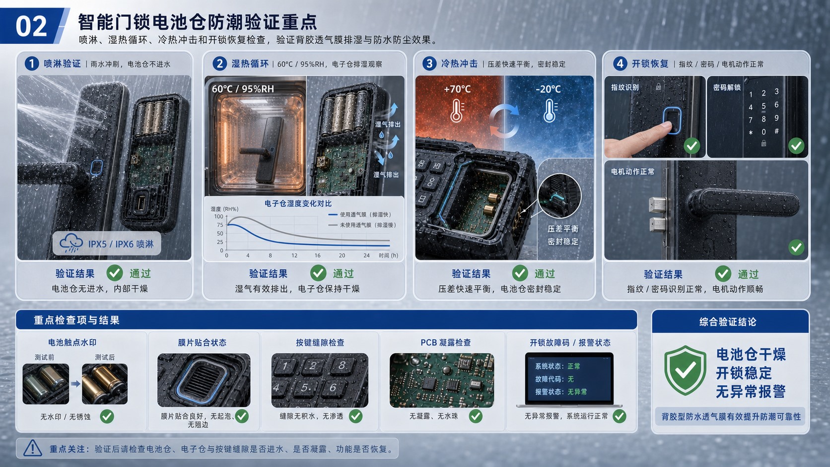 智能门锁喷淋湿热冷热循环和电池仓功能恢复验证重点图