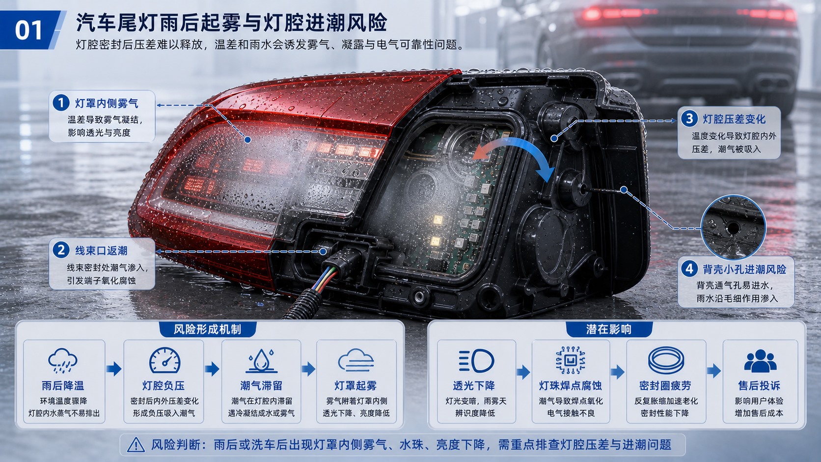 汽车尾灯雨后灯腔压差、透明罩雾影和水汽滞留风险示意