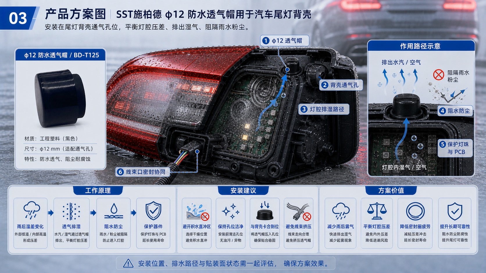 SST施柏德φ12防水透气帽用于汽车尾灯壳体透气排湿方案