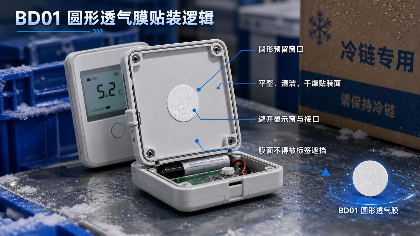 BD01白色圆形背胶透气膜用于冷链温度记录仪电子仓