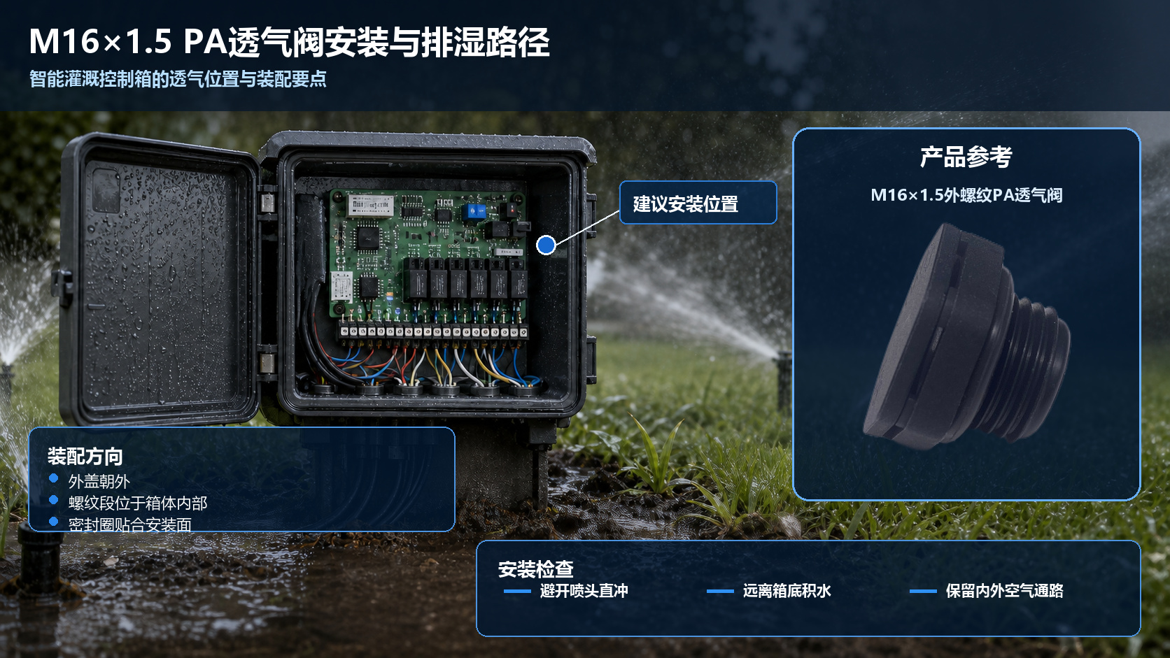 M16×1.5黑色PA外螺纹透气阀用于智能灌溉控制箱