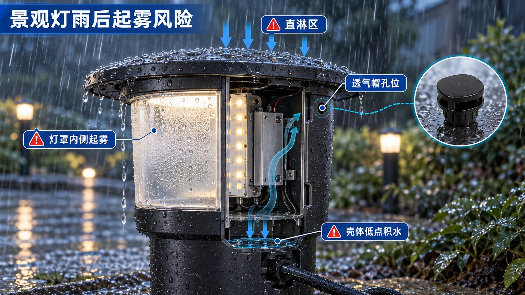 户外景观灯反复进潮？先看透气帽有没有避开直淋区 风险识别图