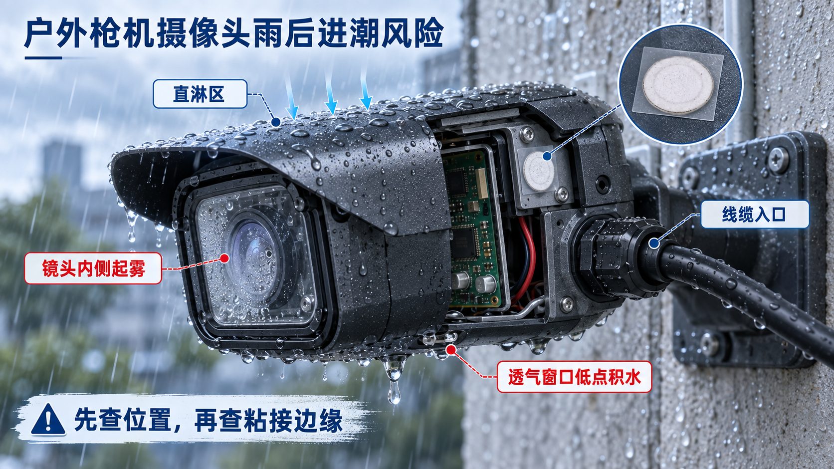 枪机摄像头雨后反复进潮？先查壳体透气窗口 风险识别图