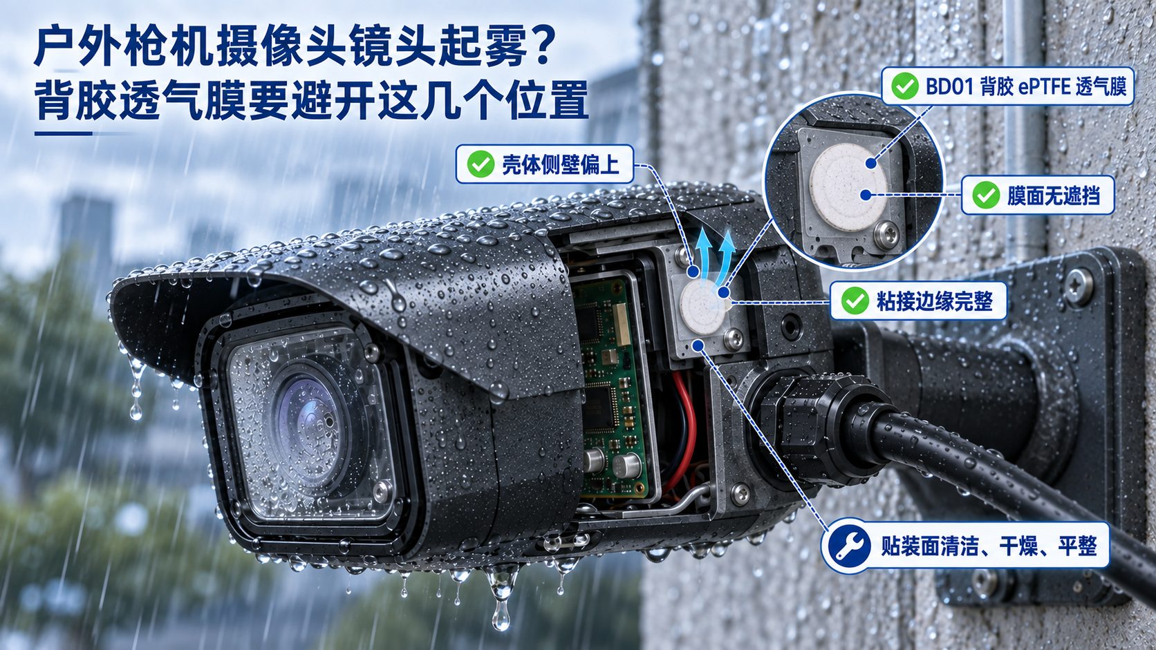 BD01 白色圆形背胶 ePTFE 透气膜 安装方案图