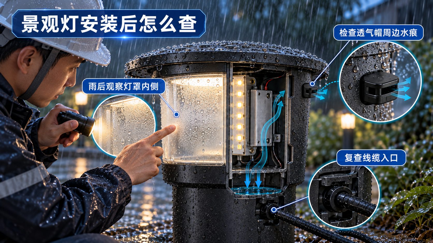 户外景观灯反复进潮？先看透气帽有没有避开直淋区 安装检查图