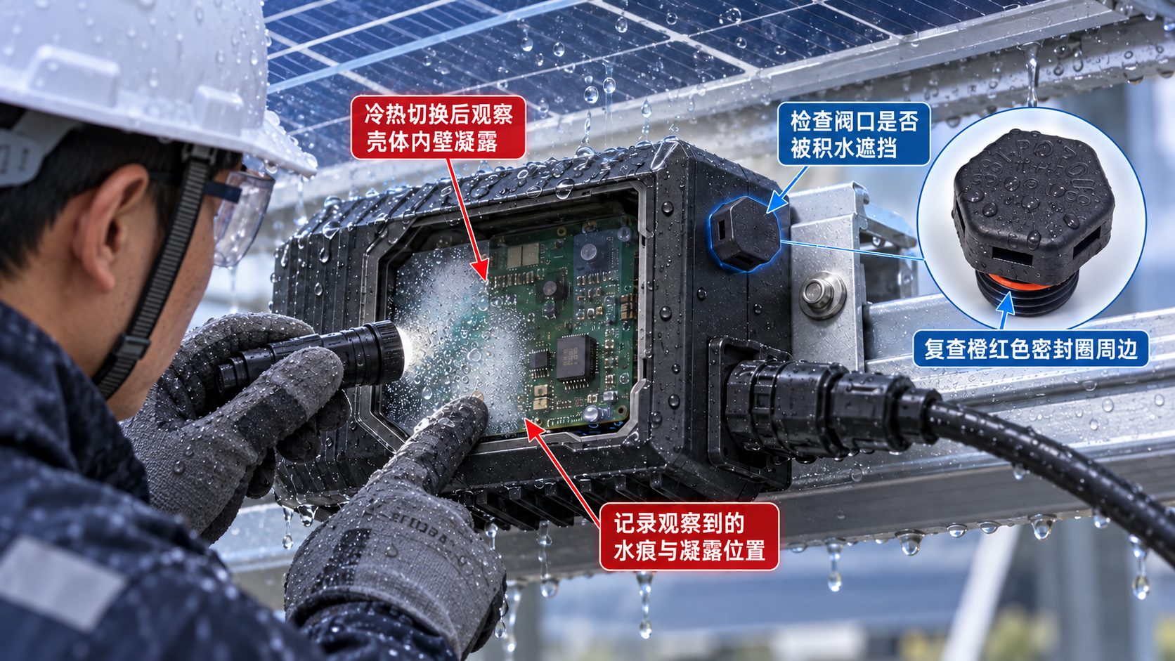 光伏优化器冷热切换后凝露？别忽略压力平衡位置 安装检查图